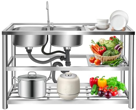 Fregadero de cocina independiente, fregadero de acero inoxidable para catering, 2 cuencos, lavabo multifunción, para exteriores y camping, fregadero de cocina portátil con grifo y estante de 2 niveles