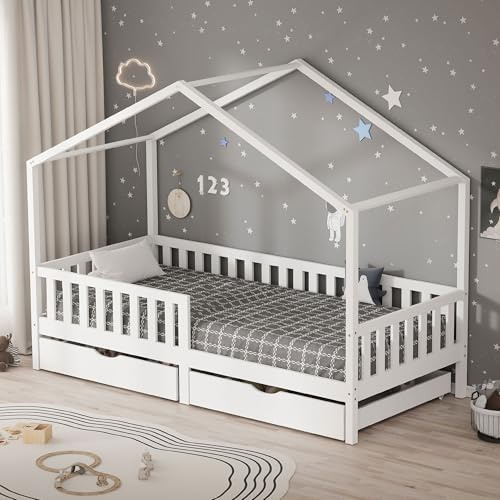 ML-Design Kinderbett Hausbett 90x200 cm Weiß mit 2 Schubladen, Holzbett mit Rausfallschutz, Lattenrost und Dach, Spielbett aus Kiefernholz für Kinder, Montessori Bodenbett Bettgestell Bettenhaus Bett