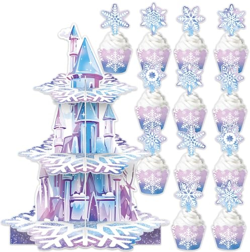Three Tier Purple Snowflake Cake Stand,25Pcs Frozen Birthday Party Supplies, Christmas Snowflake Cupcake Decorations, Winter Wonderland Supplies, Boy Girl Party Decorations, Baby Shower