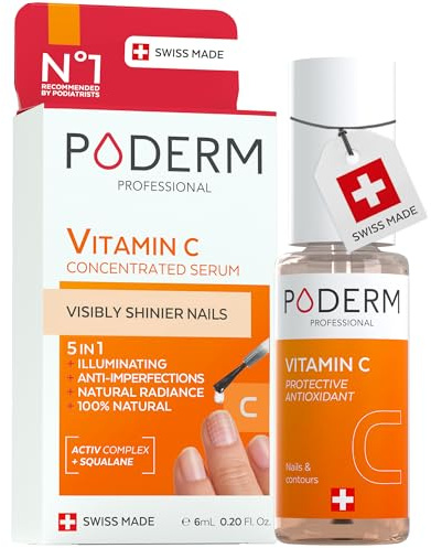 Poderm 5 en 1 Sérum Booster Ongles - Vitamine C | Soin Illuminateur & Antioxydant pour Ongles Ternes - 6 ML | Nourrit, Renforce et Protège L’ongle | 100% Naturel - Développé par un Podologue en Suisse