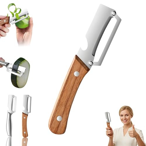 Multi-Functional Vegetable Peeler for Kitchen, 2 in 1 Stainless Steel Potato Peeler & Fruit Slicer with Blade & Wood Handle, Portable Kitchen Peelers for Easy Potato, Fruit & Veggie Peeling (#01)