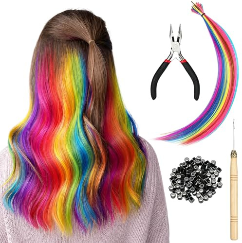 Bunte Haarverlängerungs Set 50 Stück Kunst Haare Extensions Haarsträhnen zum Einklipsen mit Perückenzangenhaken und 100 Perlen Haarschmuck Bunte Haarsträhnen für Party Festival Dekoration