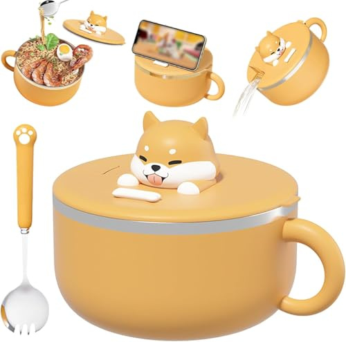 Instant Noodle Bowl with Handles, 1200ml Portable Ramen Bowl with Lid and Spoon, Microwave Safe Soup Bowl with Phone Holder for Noodles, Dumplings, Salads, Office Lunch