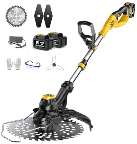Tosaerba elettrico senza fili, tagliaerba portatile da giardino con 3 lame, lama per sega allargata, leggero diserbante, batteria e caricabatterie da 4,0 Ah/6,0 Ah, per prato, spazzola (2 batterie)