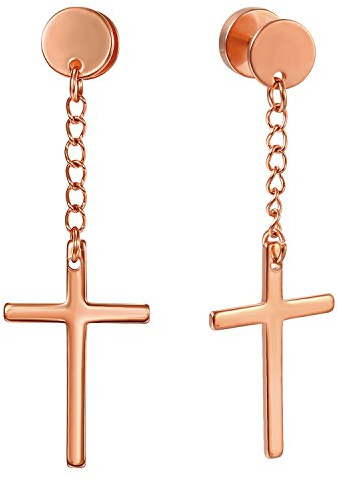 Flongo Herren Kreuz Ohrringe Edelstahl fake tunnel Stecker mit hängend Kreuz Kruzifix cross Baumeln Ohrschmuck lang Kette Ohrhänger für Damen Männer piercing Anhänger schwarz silber gold blau bunt