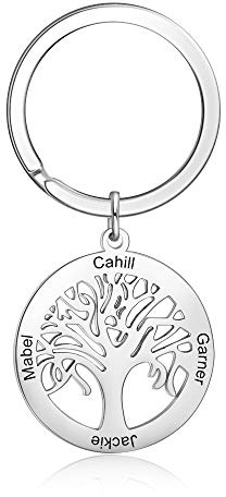 Kaululu Donna Albero della vita Portachiavi Personalizzato con 4 Nomi Acciaio inossidabile Regalo per San Valentino/Anniversario/Compleanno/Natale