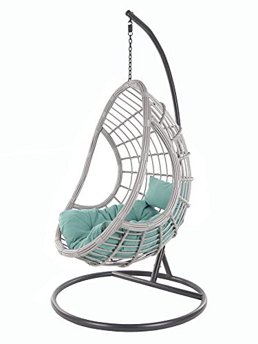 KIDEO PALMANOVA großer Hängesessel inklusive Gestell und Kissen, Polyrattan, grau (Kissen: Chesterstepp türkis [5060 Ocean])