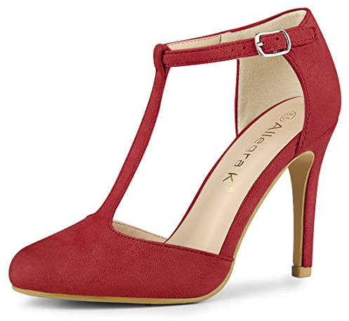 Allegra K Women Rounded Toe Stiletto Heel T-Strap Dress Pumps Red 6 UK/Label Size 8 US