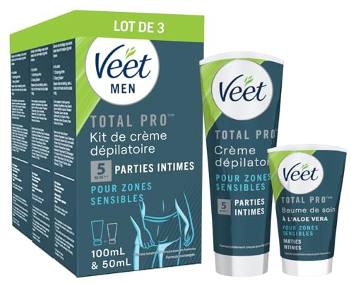 VEET FOR MEN - Lot de 3 Kit d’Épilation Parties Intimes - 3 Crèmes Dépilatoires 100ml et 3 Baumes de Soin 50ml - Zones Sensibles