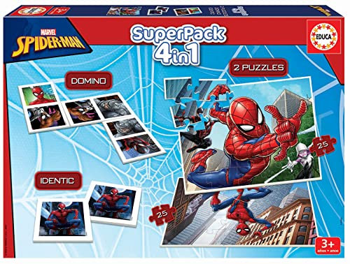 Educa - Superpack Spiderman | Per jugar solo o accompagnato | Include Domino, Identic e 2 Puzzles | Set di tavolo per bambini +3 anni (19353)