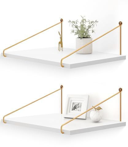 Afuly Wandregal Weiß Holz, 42 X 30 cm Regal Wand Metall Gold, 2Er-Set | Breite Weiße Holzablagen Mit Goldfarbenen Metallhaltern; Zur Wandmontage Für Bücher, Deko Und Größere Gegenstände.