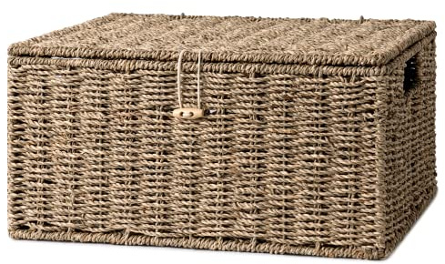 StorageWorks Seegras Korbgeflecht zum Ordnen, Flechtkorb mit Deckel, dekorative Rattan Korb mit Griffen, handgewebte Korb gross für Regale, Aufbewahrungsbox Rattan, 1 Stück