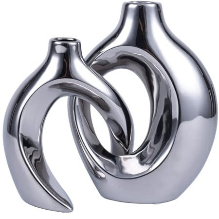 XIAOMAGG Keramik Vase，2er Set Hohle Weiße Moderne Vasen für Nordisches, Vasen Deko, ästhetische Boho Blumenvase für Zuhause, Wohnzimmer, Büro, Bauernhaus, Couchtisch Dekoration (Versilberung)