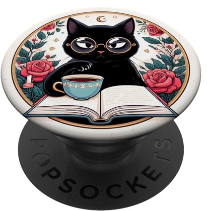Schwarze Katze liest ein Buch in rosa Blumen Blumenmuster PopSockets Klebender PopGrip