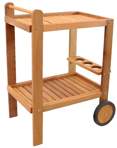 Sunnydaze Outdoor Wood Bar Cart with Wheels - Malaysian Hardwood with Teak Oil Finish - 27.5 Wide x 35.5 High