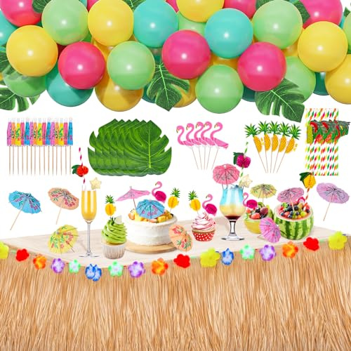 Obcarn Hawaii Party Dekoration Set,74 Stück Tropische Party Dekoration Set, Hawaii Luau Tischröcke，Hawaii Tischröcke, Ballon Arch, Künstliche Palmenblätter, Kuchendeckel, strohhalme MEHRWEG