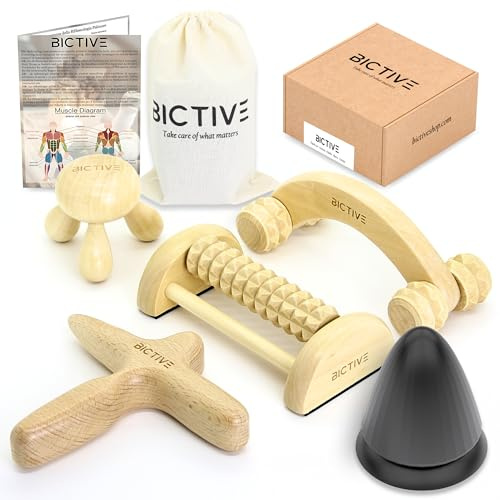 BICTIVE Premium Massage Set Holz und Triggerpunkt Massagegerät, Faszienstab, Fußmassage, Rücken, Massageroller Holz Massage Zubehör Triggerpunkt Drücker Massage Tool Holzmassagerolle, Fußmassageroller