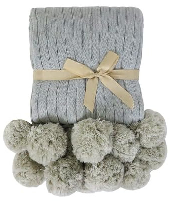 Strickdecke aus 100 % Baumwolle, mit 14 Pompons, weich, grob, Shabby-Chic-Stil, Sofa-Überwurf, Decke mit Schleife, für Kinder, Frauen, Freunde, Geschenk (Cremeweiß, 101,6 x 152,4 cm) (Cremegrau)