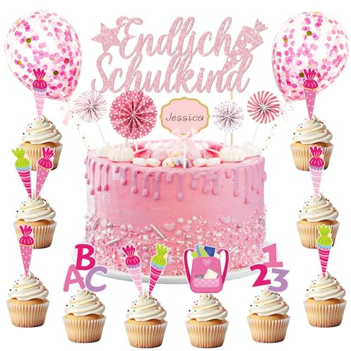 Tortendeko Einschulung Mädchen, Kuchendeko Schulanfang, Schulkind Tortendeko Schulanfang, Cake Topper Einschulung Mit ABC 123 Zuckertüte Konfetti Ballon für Schulanfang Party Torte Dekoration