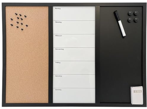 DisplayLager 3 in 1 Kombitafel, Magnettafel für Wochenplanung, Kork und Kreidetafel, inkl. 1 Marker, 4 Magnete, 12 Pins, 5 stk. Kreide (Deutsch, 40 x 60 cm)