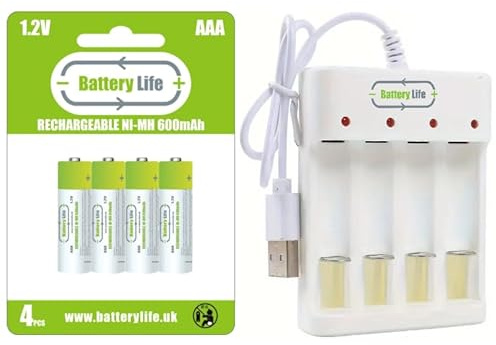 Battery Life Lot de 4 piles rechargeables AAA et chargeur USB 600 mAh Ni-MH 1,2 V