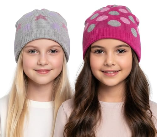 A2Z 4 Kids Girls Hat Pack of 2 Spotty Star Beanie Breathable Soft Fleece Warm Cosy - Hat KH1062 2 Pack 10-13