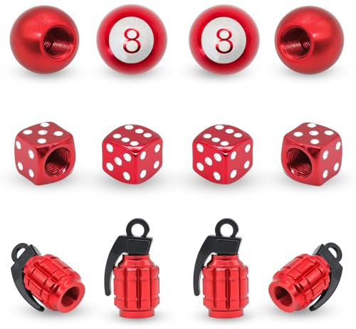Yivioep 12PCS Tire Valve Caps Red Valve Stem Caps, 8 Ball Dice Universal Aluminum Alloy Tire Valve Stem Caps for Cars, SUVs, Trucks, Bikes, Motorcycles, Bicycles