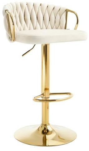 WOLTU Barhocker höhenverstellbar, Barstuhl 360° drehbar, Küchenhocker mit geflochtener Rückenlehne Fußstütze, Samtstuhl mit Metallrahmen, Creme, BH426cm-1