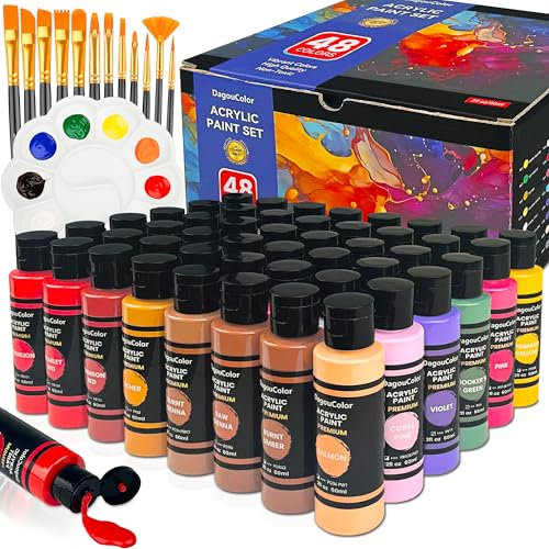 DagouColor Acrylfarben Set, 48 Farben x 60ml Flaschen, 12 Pinsel, 1 Palette, Acrylic Paints Art Supplies Geschenke Kunsthandwerk für Anfänger Kinder Erwachsene Künstler, Leinwand, Holz, Keramik