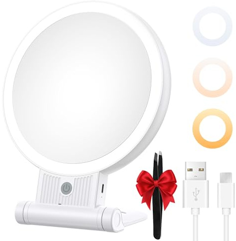 tubbede 1X/30X Lighted Makeup Mirror with Magnification, Double-Sided Switch, 3-Color Lights, 2000mAh Rechargeable, Adjustable Brightness for Vanity Table or Bathroom (Grey)