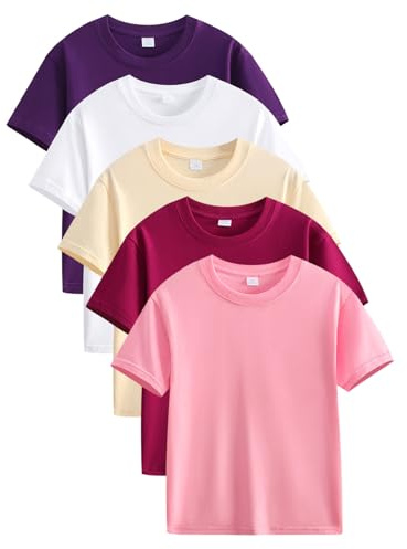 Mädchen T-Shirt Baumwolle Tops Einfarbig Bluse Casual Loose Kurzarm Sommer Atmungsaktiv Shirt Rundhals Klamotten Regular Kinder Kleidung Sport Leichtgewicht Tshirt Jungen Sportshirt 5er-Pack