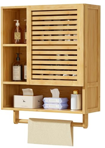 YORBAY Armario de Baño Pared, Armario de Colgar de Bambú con Toallero y Compartimento Abierto, Armario Botiquín de Una Puerta Que Ahorra Espacio para Baño y Cocina, 20 x 56 x 70 cm (Color Bambú)