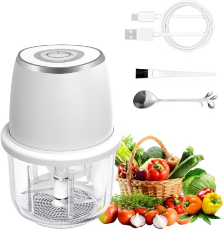 Picador de ajo eléctrico, mini procesador de alimentos y picador de verduras, 350 ml, portátil, inalámbrico, recargable por USB, potente picador para cebolla, hierbas, nueces, recipiente de vidrio