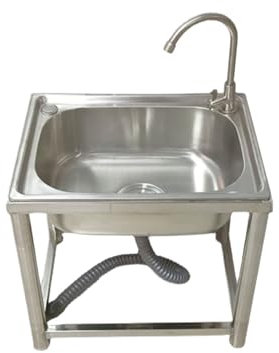 Fregadero de cocina comercial de acero inoxidable – Lavabo individual al aire libre con grifo y drenaje para jardín, garaje, lavandería, cuarto de servicio (42 x 37 x 45 cm)