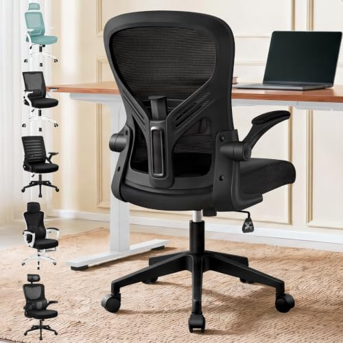 ELFORDSON Ergonomic Office Chair, Adjustable Lumbar Support Desk Chairs for Home Office, Mid-back Swivel Mesh Computer Chair with Flip-up Armrests, Tilt Function, Black