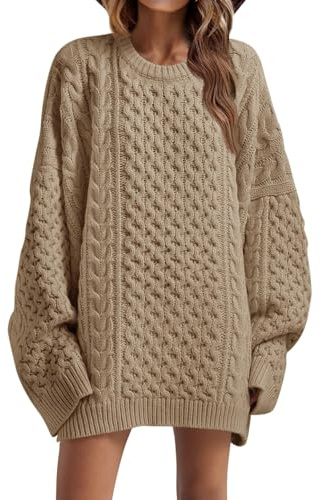 Saodimallsu Damen Grobstrick Oversized Pullover Rundhals Strickpullover Langarm Pulloverkleid Einfarbig Winter lässig Sweater Oberteile Hellbraun L