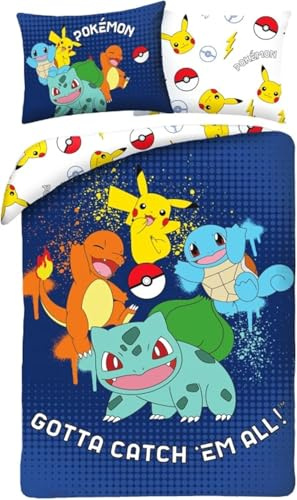 Pokémon Catch Them All Housse de Couette 140x200 + Taie 65x65 Pikachu Bleu | Parure de lit réversible 1 personne | Microfibre séchage rapide Oeko-Tex | Salamèche Bulbizarre | 4-12 | Cadeau