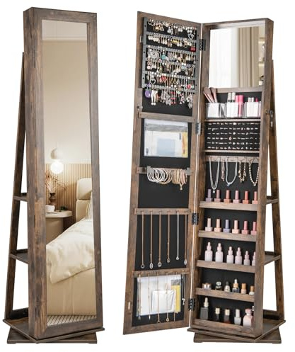 RELAX4LIFE Armoire à Bijoux Pivotante à 360°, Armoire a Bijoux sur Pied avec Miroir, Miroir Rangement sur Pied avec Étagères Arrière, 5 Étagères, Verrouillable pour Chambre, Dressing (Marron)