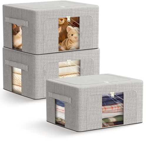 AIOR 3pcs Scatole per Armadio Salvaspazio, 24L Borsa Porta Abiti con Telaio Metallico, Pieghevole Traspirante Organizzatore Borsa per Trapunte, Coperte, Biancheria da Letto