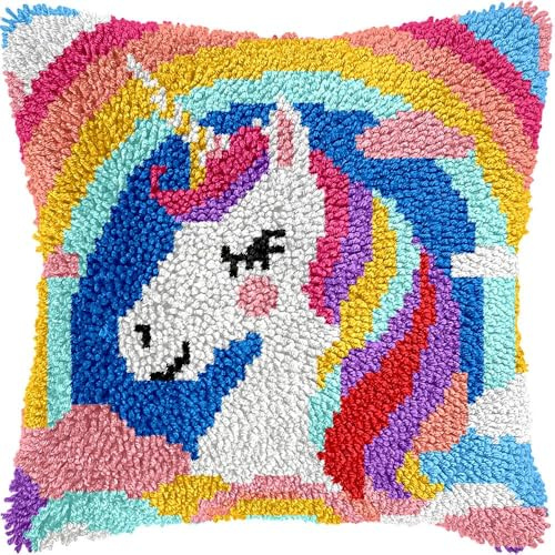 JUYIYUANFUZH KnüPfkissen Set Kissenbezug Teppich Stickerei Set Einhorn Unter Einem Regenbogen 1 KnüPfset KnüPfbild FüR AnfäNger, Erwachsene, Kissen Zum SelberknüPfen 43 x 43 cm