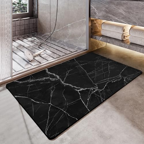 Alfombra Diatomita Baño Mármol Negro Alfombra De Baño Absorbente Y Antideslizante,Secado Rapido,Suave Y Cómoda, Ducha Bath Mat