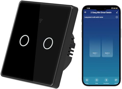 Interrupteur WIFI Connecté Compatible avec Alexa, APP Control/Voice Control/Timer/Remote Access, Mural Interrupteur Tactile 2 Gang 1 Voies Noir Panneau en Verre Trempé Tuya/Smart Life APP/Assistant
