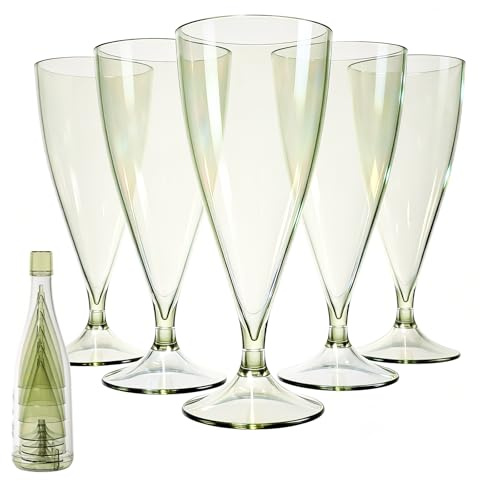 Cozary 5 Pièces Flûtes à Champagne en Plastique, avec Manchon 1 Tasse, 155ml Verres à Champagne en Plastique Élégantes Reutilisables, pour Fêtes De Douche D'anniversaire Mariage Jardin, Vert