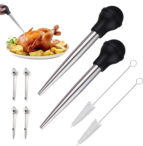Onionfier 2Pcs Stainless Steel Turkey Baster, 2 Marinade Injector Bulbs &Cleaning Brush for Home Baking Kitchen Tool,Large Capacity Roasting/Basting Tool for Turkey, Chicken, BBQ & Grilling,Send Goods from Local Warehouse