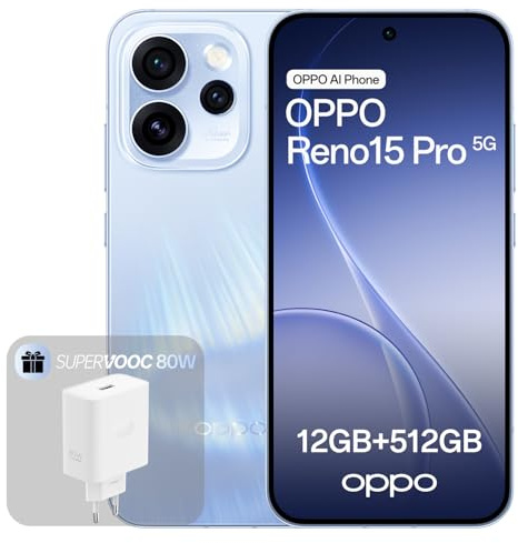 OPPO Reno15 Pro 5G Smartphone Sbloccato, 12+512GB, Fotocamera Ultra-Chiara 200MP, Display AMOLED 6.32, Video 4K HDR, 6200mAh, MediaTek Dimensity 8450, Aurora Blue (Include Caricatore SUPERVOOC 80W)