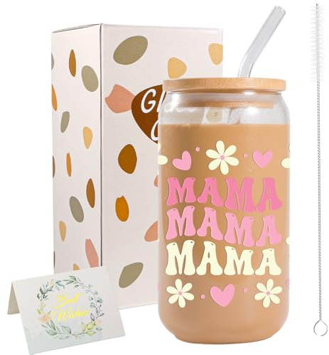 JEKUGOT Birthday Gifts for Mum from Daughter Son, Presents for Mum, 16oz Iced Coffee Cup, Personalised Glass Cups with Lids and Straws, Cute Mama Cup for Mother's Day Gifts