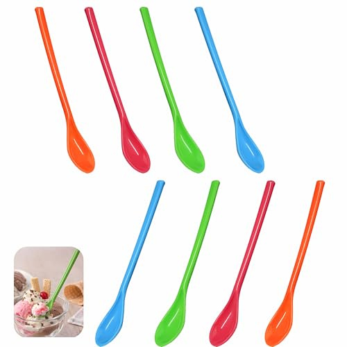 8 Cuillere Longue en Plastique, Cuillere Plastique Reutilisable, Cuillere Plastique Jetable, Cuillère à Café Couleur, Cuillère à Confiture Long Manche, Cuillère à Dessert Longue pour Thé, Yaourt