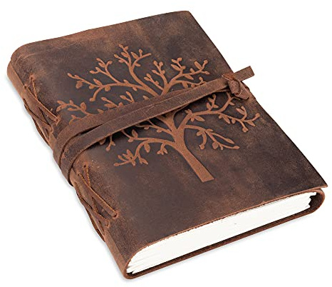 Leather Journal Tree of Life - MOONSTER® Writing Notebook Handgjorda läderbundna dagliga anteckningsblock för män och kvinnor Tomt papper 18x13 cm - Perfekt för konstskissbok, resedagbok och tidskrifter att skriva i