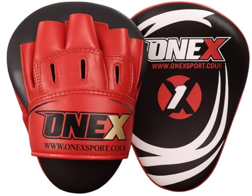 Boxing Pads Curved Focus Mitts, Maya Hide Leather KARA Hook and jab Training Pads, MMA Muay Thai Kickboxing Coaching Martial Arts Punching Hand Target Strike Shield (Red/Black)