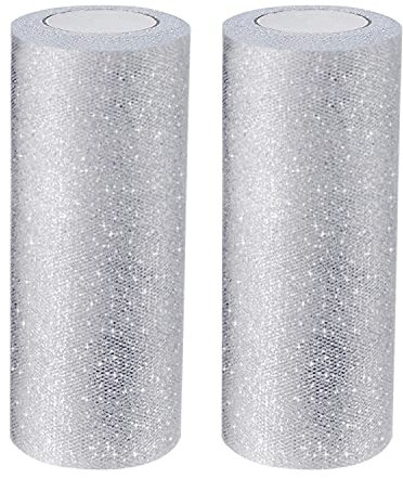 Handi Stitch Tüll Stoff Rolle (2 Stk) 15 cm x 23 m - Silbernes Glitzer Tüll für Tutu-Röcke, Basteln, Geschenk Schleife, Silber Tischläufer, Stuhlbänder Hochzeit, Dekostoff Hochzeit & Geburtstagsparty